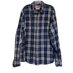 WRANGLER Sz 3XL Plaid Shirt Blue Men's Western Button Down Long Sleeve Indigo